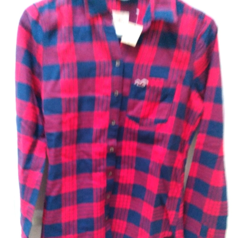 Hollister red navy plaid button up shirt, MEDIUM, new with tag